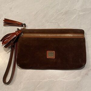 Dooney & Bourke Dark Brown Suede Wristlet with Tassel Natural Vacchetta leather